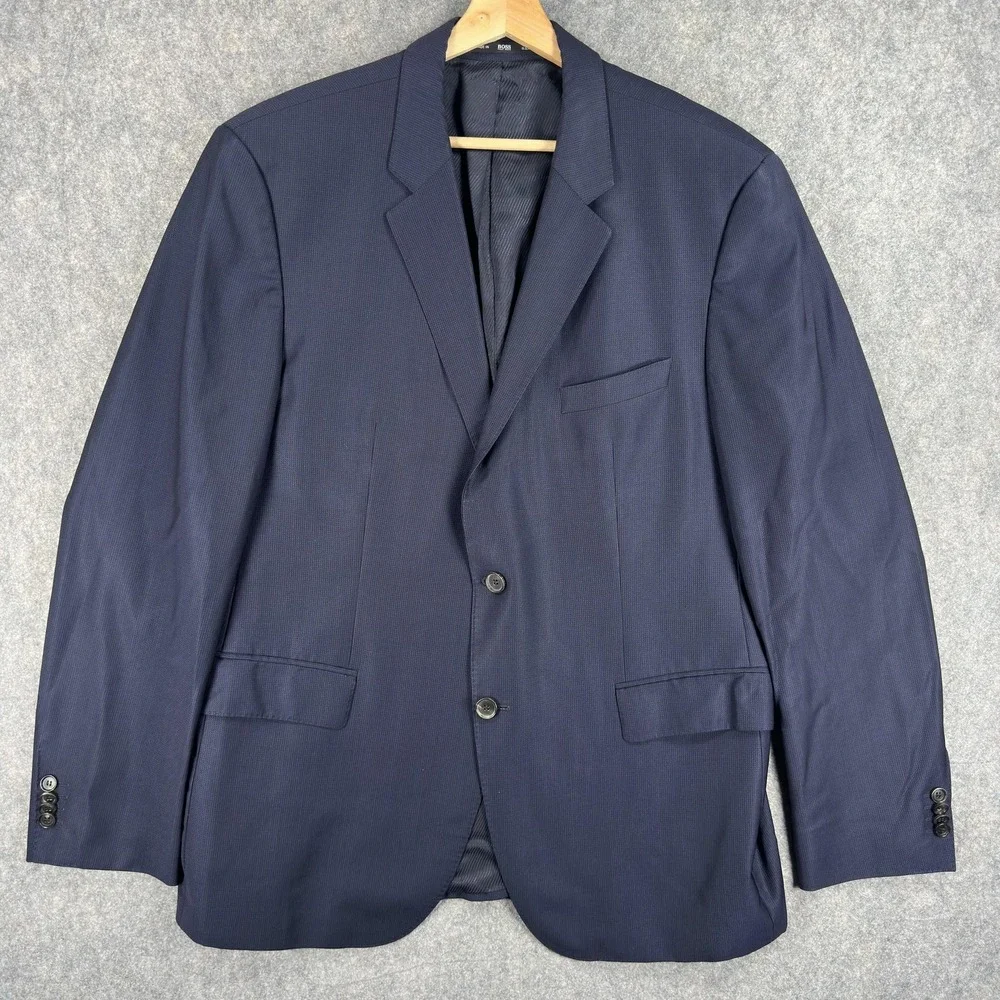 Hugo Boss Suit‎ Jacket Mens 46R Blue 100% Virgin Wool Made USA Union Two Button